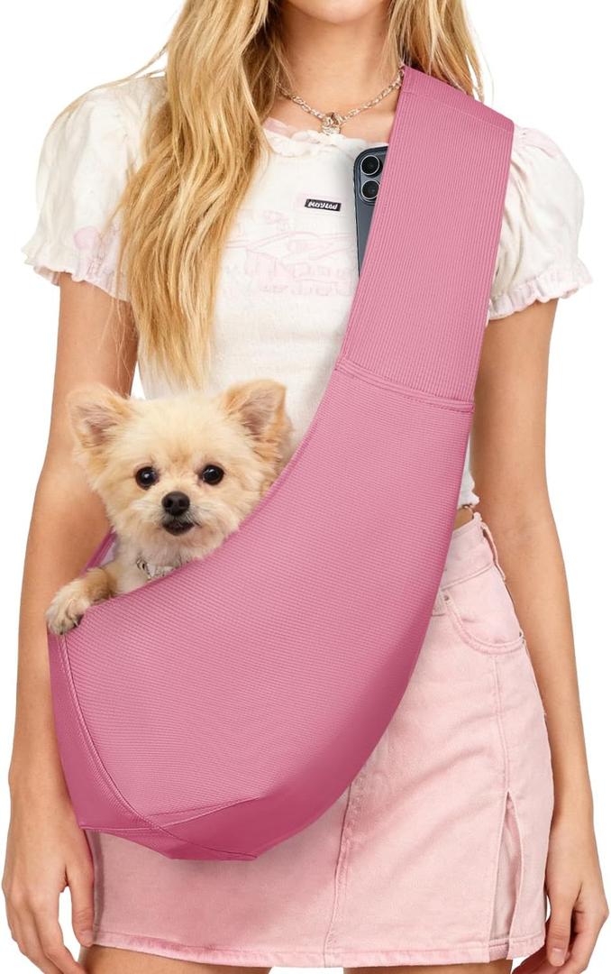 YUDODO Fashion Dog Sling Carrier for Small Dogs Lightweight Crossbody Pet Bag with Safety Strap, Pocket Storage, Machine Washable, Comfortable Travel & Outdoor Sling up to 9 lbs Pink