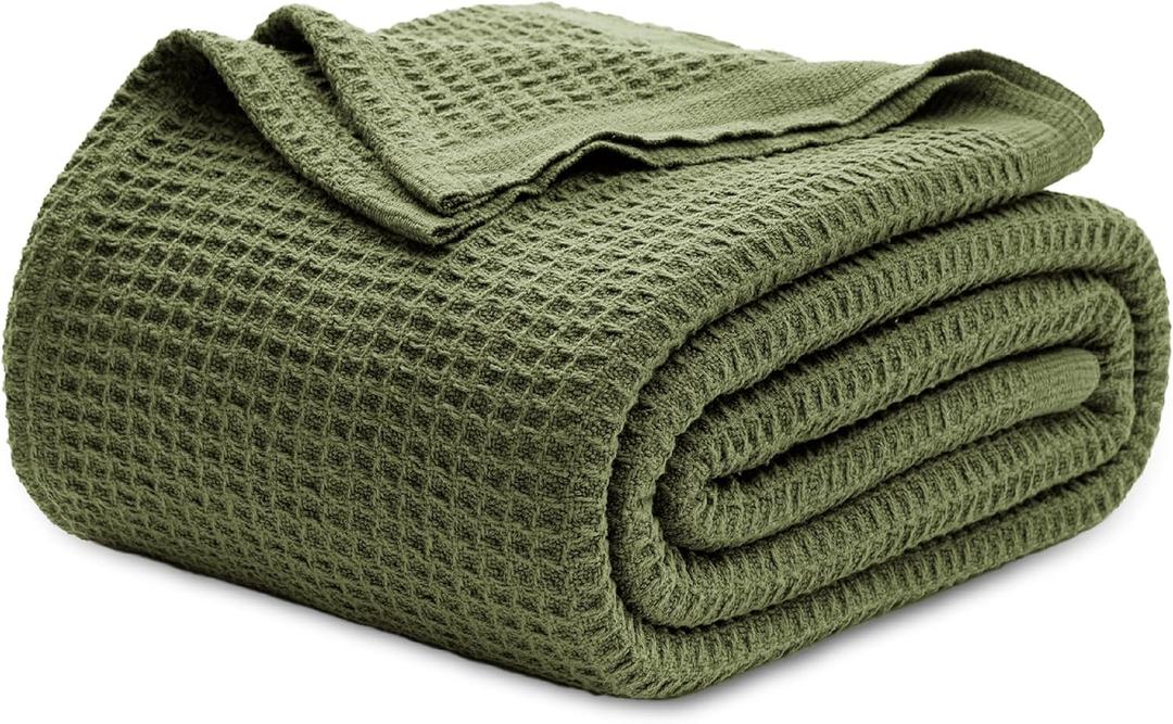 Bedsure 100% Cotton Blanket Queen Size for Bed - Breathable and Soft, Waffle Weave Blanket for Summer Spring, Olive Green, 90x90 Inches