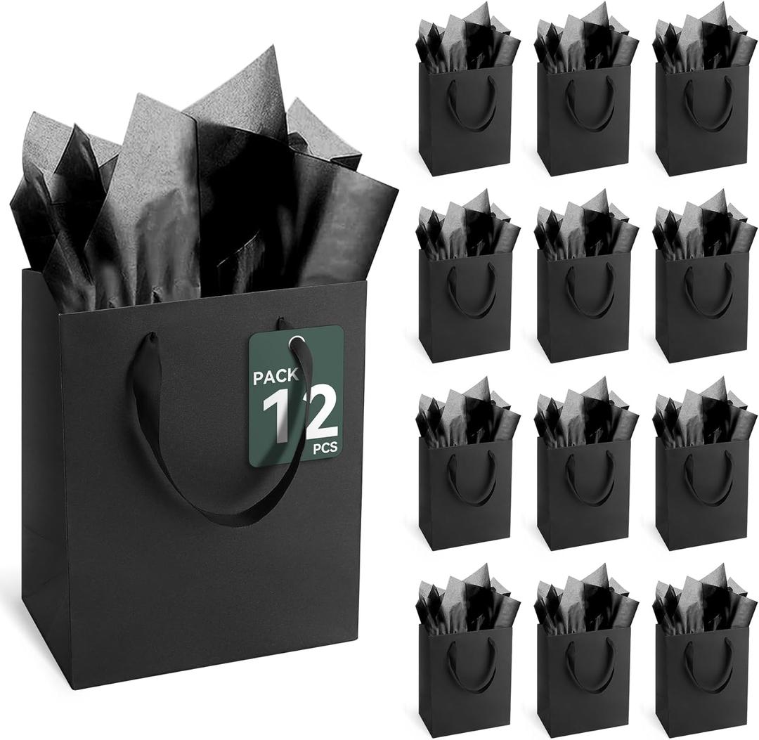 lack Small Gift Bags with Handles and Tissue Paper, 8x5x10 Inch 12 Pack