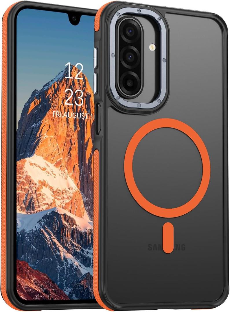 BENTOBEN for Samsung Galaxy A17 Case, [Compatible with MagSafe] Slim Thin Translucent Matte Back Samsung A17 Phone Case Women Men Cute Anti-Slip Shockproof Magnetic Cover for Galaxy A17, Black/Orange