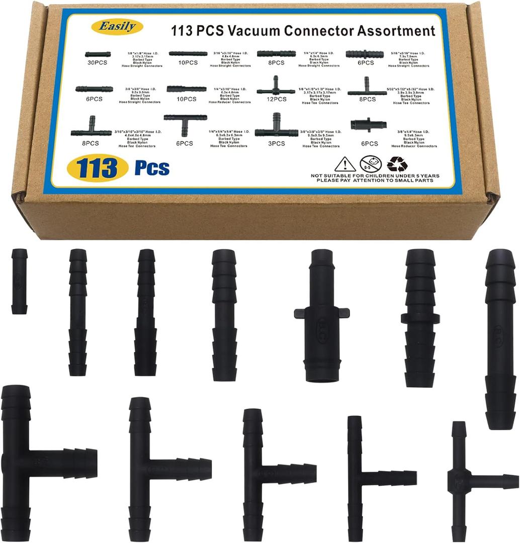 Vacuum Connector Assortment 113 PCS Heat Resistance 240460Automotive Vacuum Tubing Connector Vacuum Tee Connector Assortment Kit Black Nylon