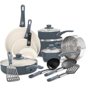 GreenLife 16 Piece Nonstick Cookware Set, Soft Grip Non-Toxic PFAS-Free Ceramic Pots & Pans, Dishwasher & Oven Safe, Frying, Sauce, Saute, Utensils, Glass Lids, Stay-Cool Handles, Wobble Free, Gray (Quartz Grey)