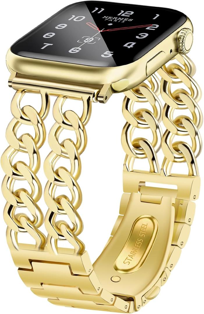 Newlibery Gold Watch Bands Women Compatible with Apple Watch 38mm 40mm 41mm 42mm (S10) Adjustable Metal Band Steel Chain Link Bracelet Strap for iWatch Series 10/9/8/7/6/5/4/3/2/1/SE/Ultra (No Case)