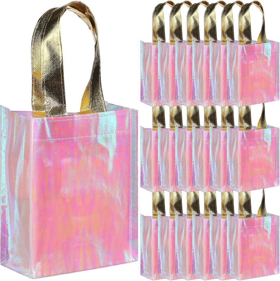 Jutom 20 Pieces Iridescent Gift Bags Bulk Reusable Party Favor Tote Bags with Handles Glossy Finish Birthday Gift for Christmas Party Wedding(6 x 3 x 8 Inch,Pink) (1 Count (Pack of 20))