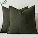 a moment Linen Pillow Covers Set of 2,Boho Farmhouse Throw Pillowcases Neutral Textured Decorative Covers for Couch Sofa,Linen Blend Accent Case Cushion Living Room Home Decor 22"x22"Dark Green