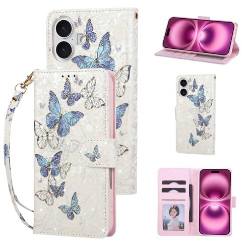 UEEBAI Wallet Case for iPhone 17, PU Leather Phone Cover Kickstand RFID Blocking Flip Case Card Slots Wrist Strap Relief Engraved Pattern Magnetic Closure Flower Folio Wallet, Blue Butterfly