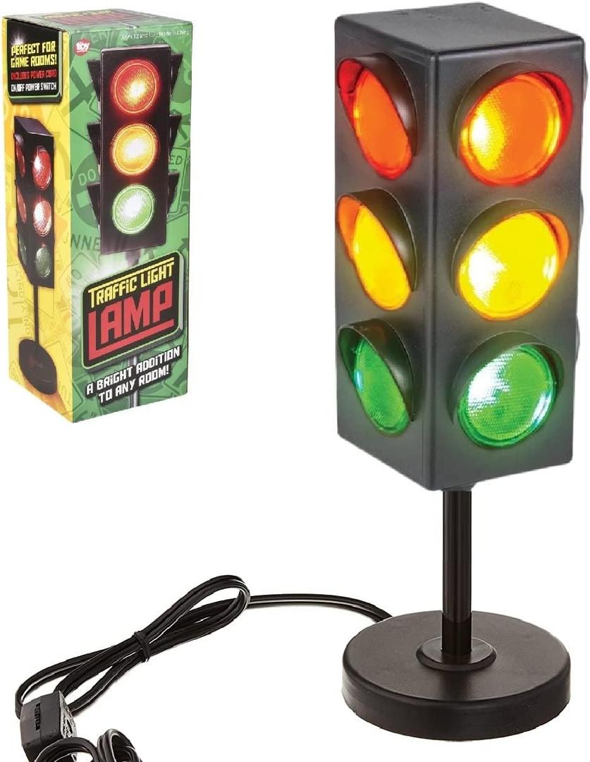 Traffic Light Lamp with Base Mini Stop Light Lamp, Blinking. Black Plastic. Kids Room Wall Decoration Bedside (10.5 Inches)