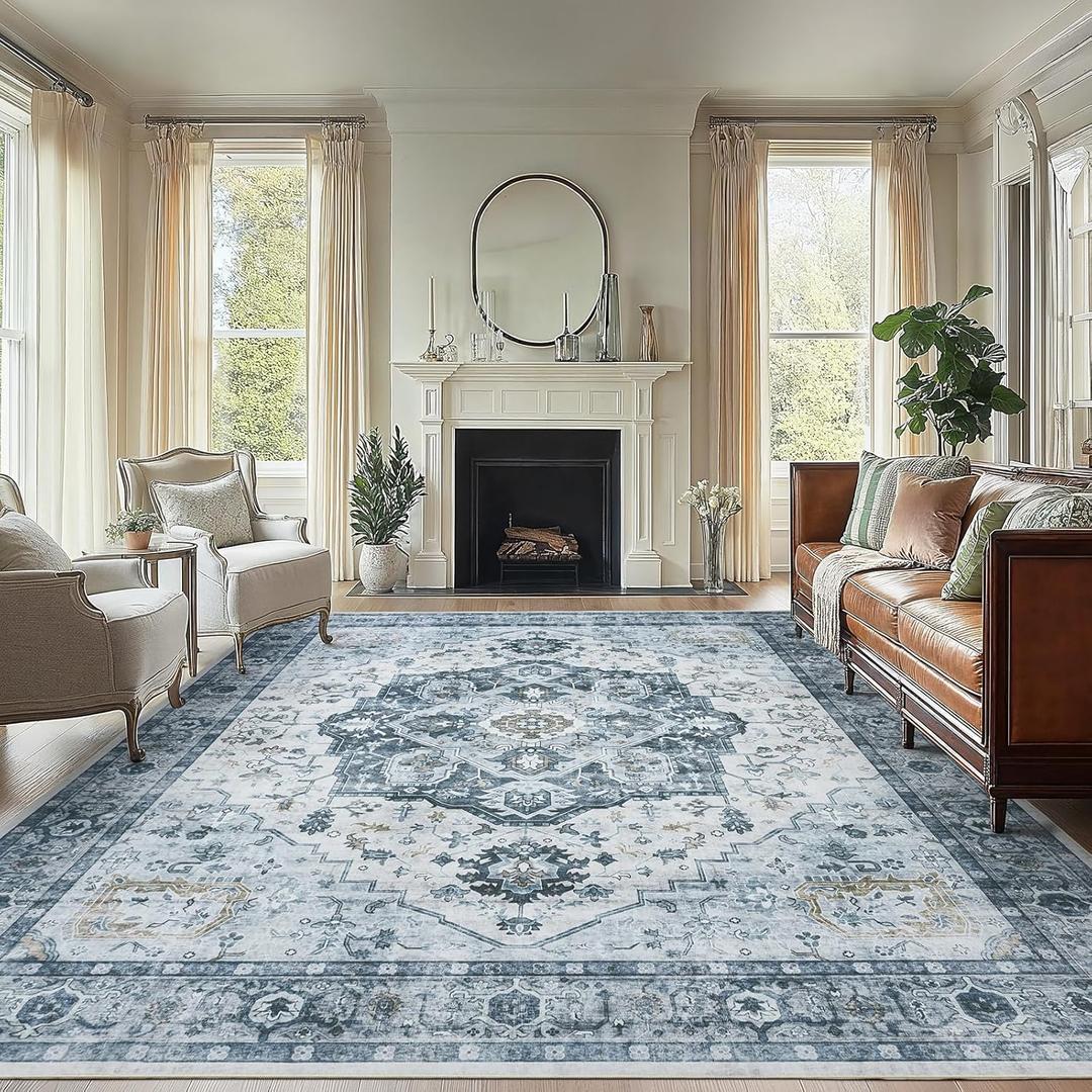 AMADA HOMEFURNISHING 8x10 Area Rug, Washable Low-Profile Large Area Rug with Non-Slip Backing & Durable Edge Binding, Vintage Large Rugs for Living Room, Bedroom