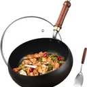 Carbon Steel Wok Pan, 10.2" Woks & Stir-Fry Pans with Glass Lid Cookwares, Nonstick Wok Flat Bottom Small Handmade Chinese Wok For for All Stoves