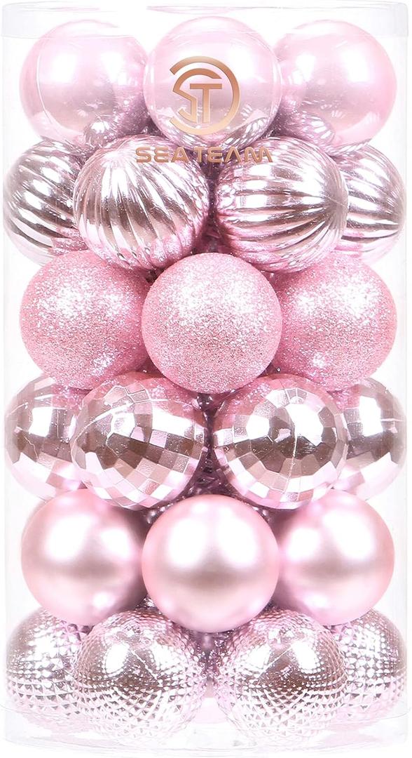 Sea Team 41-Pack Christmas Ball Ornaments with Strings, 40mm/1.57-Inch Small Size Baubles, Shatterproof Plastic Christmas Bulbs, Hanging Decorations for Xmas Tree, Holiday, Wedding, Party, Pink