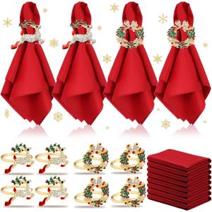 EBOOT 16 PCS Christmas Napkins and Ring Set 8 PCS Red Washable Napkins Cloth Fabric and 8 Christmas Rings Holder for Xmas Holiday Dinner Party Table Decoration(Elk, Bell)