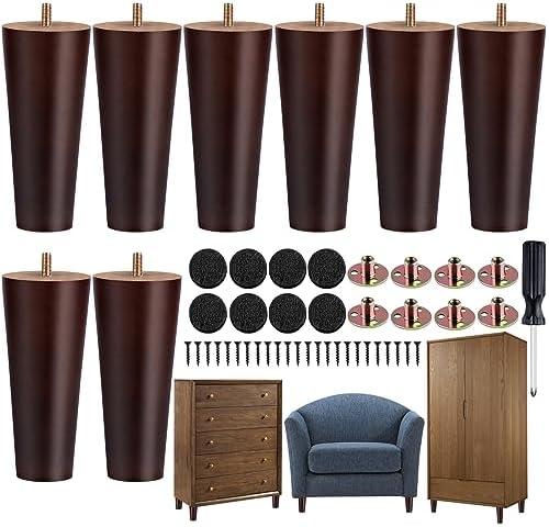 TURSTIN 8 Pieces Furniture Legs 6 Inches Round Solid Wood Furniture Feet Couch Legs Sofa Legs Replacement Legs for Armchair, Cabinet, Chair, Dresser or Home DIY Projects, Brown