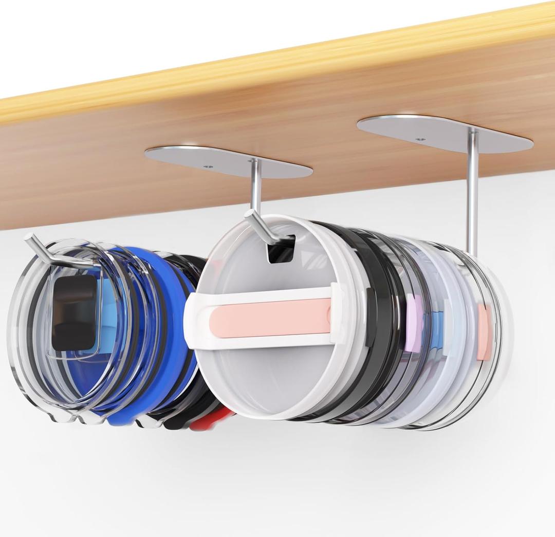 2 Pack Tumbler Lid Organizer, Space Saving Cup Lid Organizer for Yeti/Stanley/Simple Modern Tumbler Lids, Self-Adhesive or Drilling Tumbler Lid Hook for Kitchen Organizers and Storage (Silver+Silver)