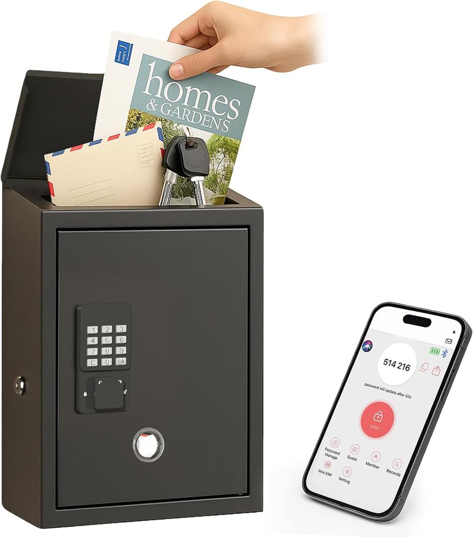 WeHere Mailbox with Electronic Lock, Wall Mount Locking MailBoxes for House, Metal Suggesion Box, Business Key Drop Box, OTP/Fixed Code/Key Unlock, Large Capacity, Black, 14x4x10in