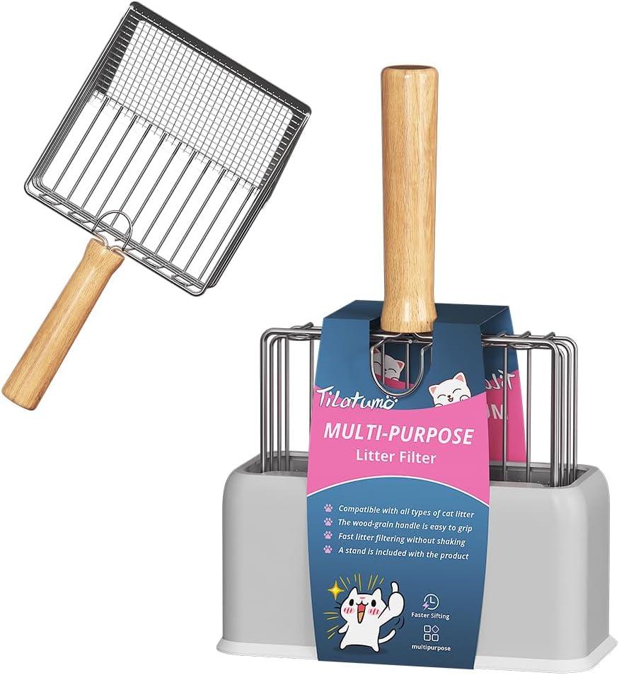Cat Litter Scoo Easy Use Metal Litter Scoop with Comfortable Beech Wood Grip - One Easy to Clean Stand is Included