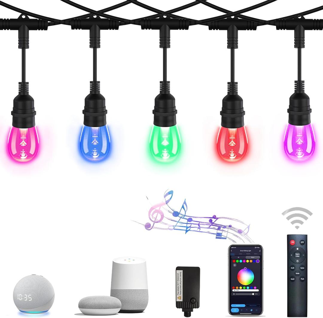 EMANER Waterproof String Lights, 48ft WiFi Remote String Light, Work with Alexa Google Assistant, Multicolor Changing Caf String Light Music Sync Dimmable for Outdoor Patio Christmas Decoration
