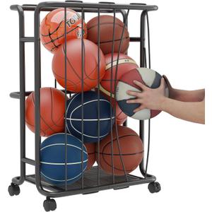 Large Garage Ball Storage Rack with WheelsGarage Ball Rolling Storage Rack with Handlefor Basketball, Soccer, Football, Volleyball, Garage, Gym, Black