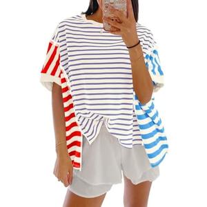 Tankaneo Womens Oversized Striped T-Shirts Color Block Short Sleeve Tee Tops Summer Casual High Low Hem Shirts, Size Large