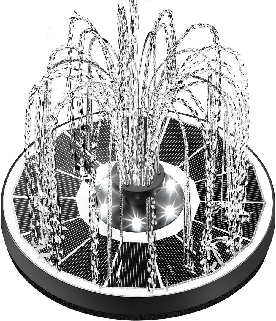 Solar Fountain Glass Panel with 2200mah Battery, 3.5W Floating Solar Water Fountain with 4 Fixed Rods, Solar Fountain Pump for Bird Bath, Garden, Pond, Pool, Outdoor-White Lights