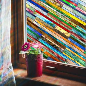 Windimiley Stained Glass Window Privacy Film:3D Vintage Floral Decorative Frosted Static Cling Bathroom Heat Control Sun Blocking Window Sticker Non Adhesive Door Covering(16.9X 39.4 in, Stereo)