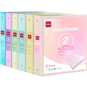 Deli 2-inch 3 Ring Binder with 2 Interior Pockets, 450 Sheets Capacity, 2 inch Binders fits 11" x 8.5" US Letter Size, Assorted 6 Pastel Colors, 6 Pack