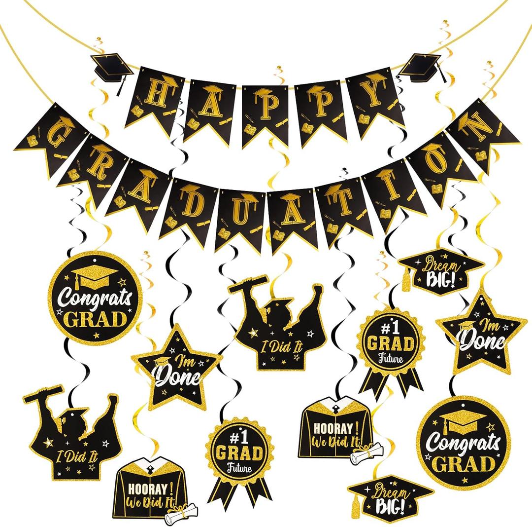 Graduation Hanging Swirl Banner Decorations Congrats Grad Decorations Black and Gold Banner Garland party Supplies for Class of 2025