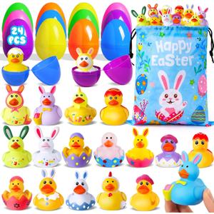 24 Pcs Prefilled Easter Eggs with Easter Rubber Ducks, Easter Basket Stuffers Party Favors, Fun Bath Toys Jeep for Ducks, Easter Egg Hunt, Holiday Classroom Gifts Prizes for Kids Toddler