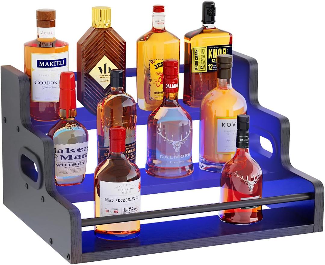 Liquor Bottle Display Shelf, LED Wine Bottle Display Rack with Remote Control, 3-Tier Bar Shelf Stand, Whiskey Spirits Wine Holder for Tavern, Liquor Cabinet, Coffee Syrup Rack for Home(Black)