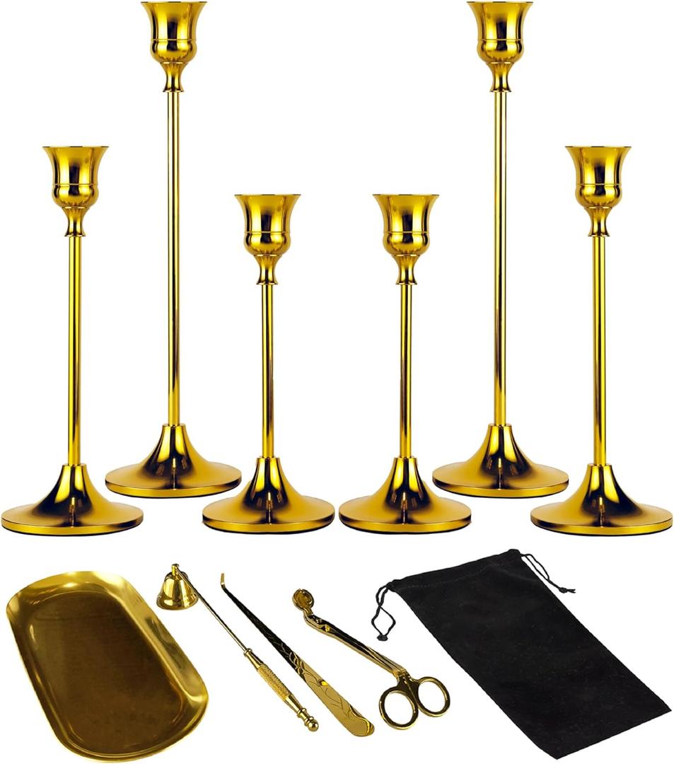 Gold Candle Holders - 6pcs Candle Stick Holder & 5pcs Candle Accessories, Candle Holders for Table Centerpiece Candle Sticks Holder Decor Candle Stand Candelabros Gold Taper Candle Holder