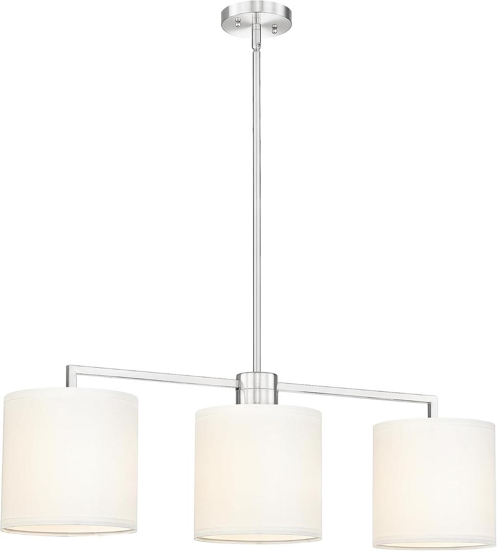 Emak 3-Light Dining Room Light Fixture, Brushed Nickel Kitchen Island Lighting with Linen Drum Shade, Modern Linear Chandeliers for Dining Room, Kitchen, Bar, IL128-BN-WF-3