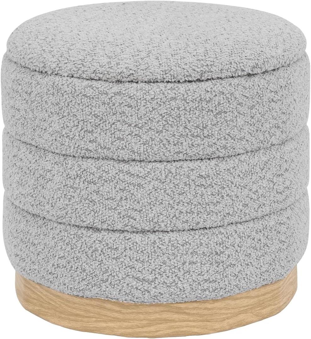Round Storage Ottoman with Reversible Tray Lid, Folding Chenille Fabric Footrest with Hidden Storage, 15.4" Footstool for Small Spaces Living Room Bedroom, Wood Grain Base, Sliver Grey, 15.4"D x 15.4"W x 14.6"H