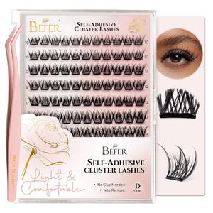 BEFER Self Adhesive Eyelashes Clusters Kit, D Curl 10-16MM Pre Glued Lash Natural Look No Glue No Remover Needed Reusable Lashes Press on Eyelash Clusters Easy for Use DIY at Home(MJ-Flare-Kit)