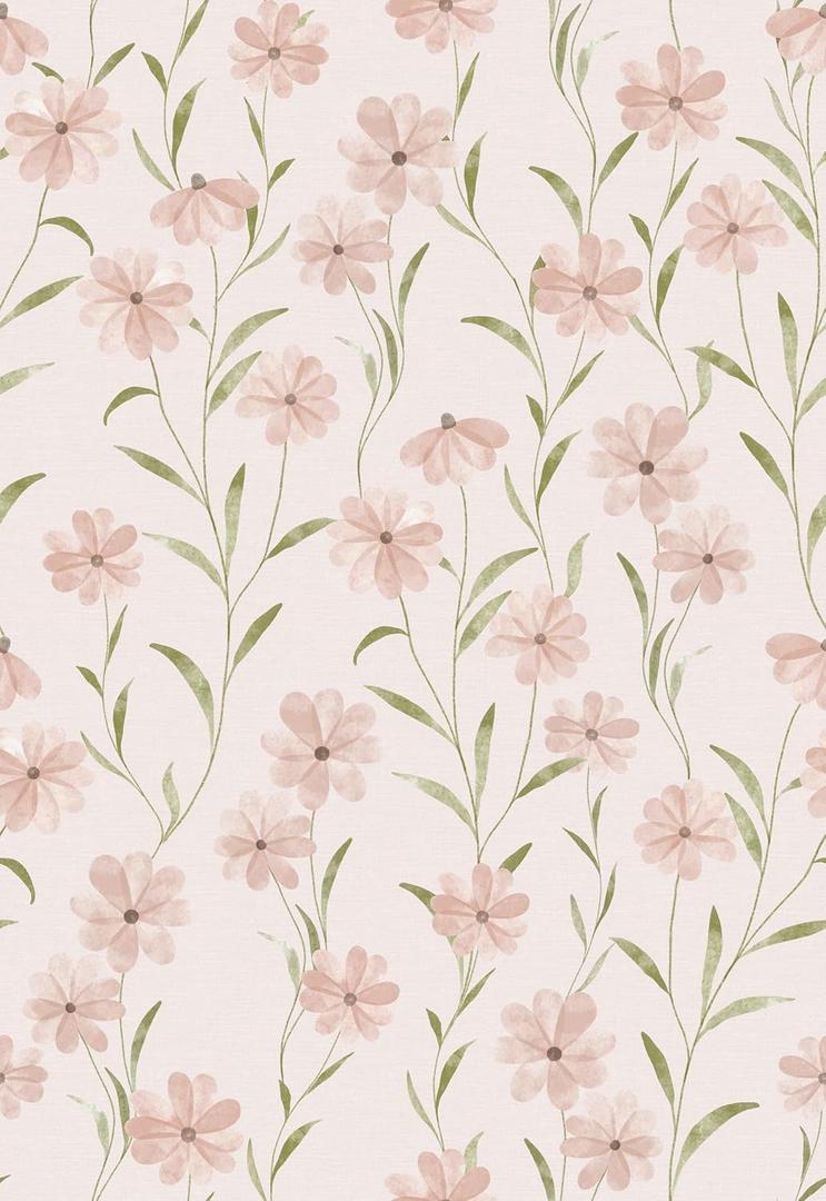 17.3"x394" Pink Floral Wallpaper Daisy Flower Nursery Wallpaper Peel and Stick Self Adhesive Contact Paper Pink and Green Leaf Wall Paper Removable Stick on Wall Decor Renter Friendly