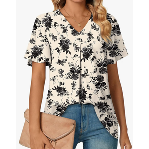 Women's Summer Dressy Chiffon Blouses V Neck Ruffle Short Sleeve Tunic Tops for Leggings Casual T-Shirts