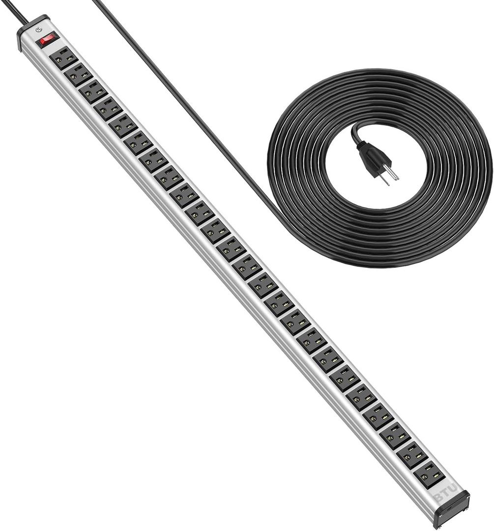 BTU Long Heavy Duty Power Strip 24 Outlet Large Metal Power Strips Garage Workshop Commercial Industrial Power Strips with Circuit Breaker.10FT Cord 15A 125V 1875W (Silver)