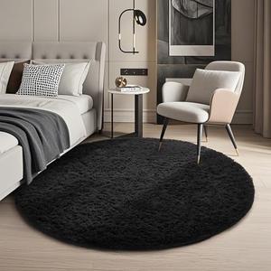 Ophanie Round Rug 4Ft Black Circle Area Rug, Room Decor for Men, Fluffy Fuzzy Bedroom Carpet, Plush Soft Shaggy Living Room Rugs for Kids Home Decor Aesthetic, Nursery