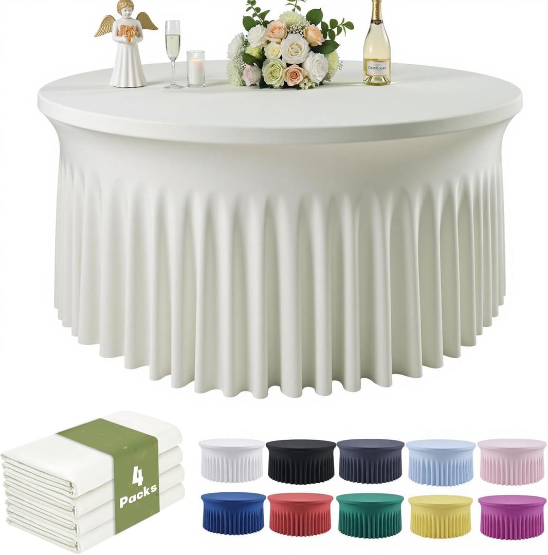 Outpain 4 Pack Spandex Ivory Round Tablecloths for 60in Tables, 120Inch Stretchy Fitted 5FT Round Table Clothes,Wrinkle Free Table Cover with Skirt for Wedding Party Dining Banquet