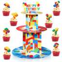 Zopeal Building Block Party Decoration 3 Tier Cupcake Stand with 24pcs Cupcake Toppers Colorful Blocks Birthday Cake Stand Holder Cardboard Dessert Tower for Brick Birthday Party Supplies Decoration