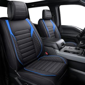 YIERTAI Truck Seat Covers Compatible with Ford F150 for 2009-2025 2026 F-150 2017-2025 2026 F250 F350 F450 Supercab Crew Cab Super Duty XLT Supercrew Waterproof Leather(5 PCS Full Set/Black-Blue)