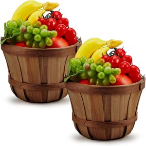 Tatuo 2 Pcs Round Wooden Apple Baskets with Handle Wood Strawberry Buckets Food Service Baskets Fall Harvest Basket Easter Basket for Garden Home Party Supplies Vegetables Fruits, (Dark Brown)