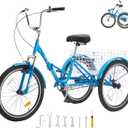 VEVOR Folding Adult Tricycle,Adult Folding Trikes, 3 Wheel Cruiser Bike with Large Basket & Adjustable Seat, Shopping Picnic Foldable Tricycles for Women, Men, Seniors (24-Inch-1-Speed, Blue)