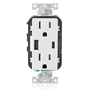 Leviton Type A & Type-C USB In-Wall Charger with 15A Tamper-Resistant Outlet, USB Charger for Smartphones and Tablets, Not for Laptops, T5633-W, White