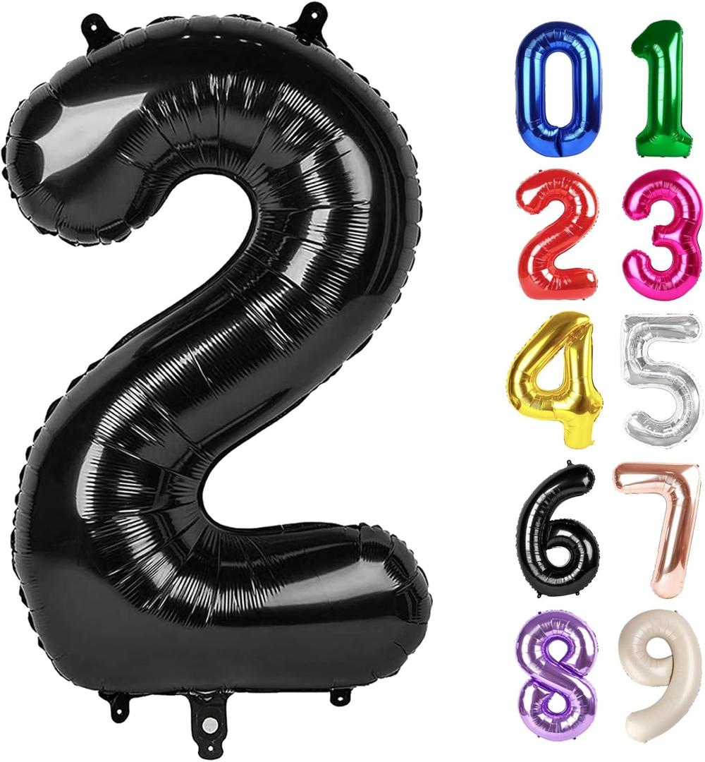 2 Balloon - Black Birthday Number Balloons, 40 Inch Large Foil Balloons for Men Women Boys Girs Black Themed Birthday Decorations