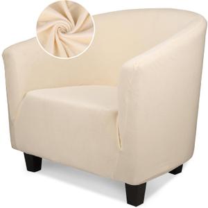 Velvet Club Chair Slipcover, 1 Piece Arm Chair Cover Slipcover, Soft Stretch Non Slip Club Tub Chair Slipcover Couch with Arms Washable Furniture Protector for Living Room Hotel (Beige White)