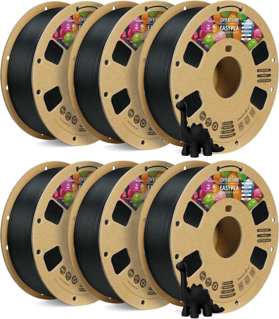 OVERTURE Easy PLA 1.75mm 3D Printer Filament, 1kg PLA Cardboard Spool (2.2lbs), Dimensional Accuracy +/- 0.02mm, Fit Most FDM Printer (Easy Black*6)