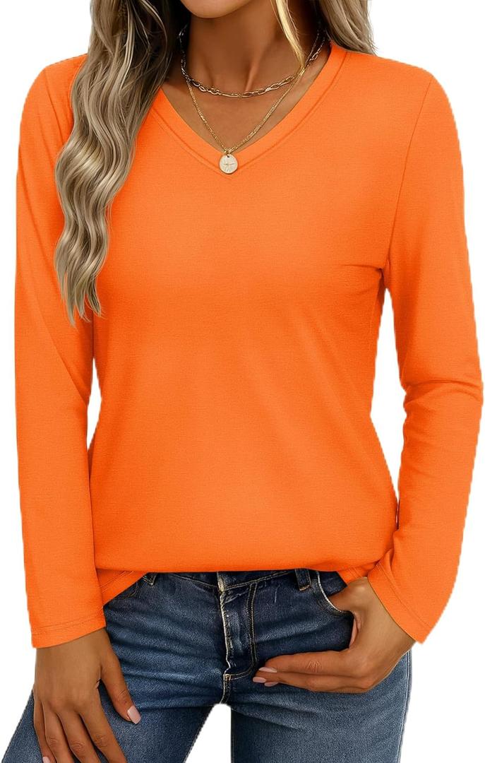 YUCOLEN Womens Long Sleeve Shirts V Neck Cotton T-Shirt Tops Solid Color Casual Breathable Basic Tee Tshirt (X-Large, A04- Orange)