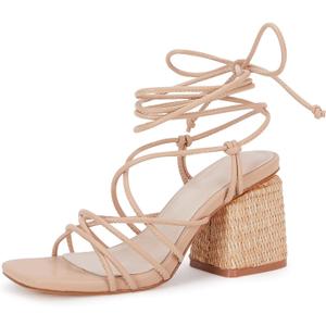 PiePieBuy Women's Lace Up Chunky Braided Heel Sandals Square Toe Strappy Ankle Strap Heels (8, Khaki)