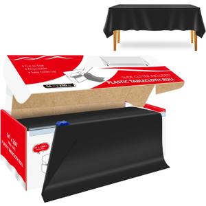 54 Inch x 200 Feet Black Plastic Tablecloth Roll Cut to Size Disposable Table Cover with Cutter Box Plastic Table Cloth for Party, Wedding, Birthday