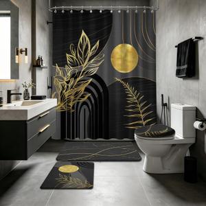 Black Gold Shower Curtain Sets with Rugs, Mid Century Modern Bathroom Decor