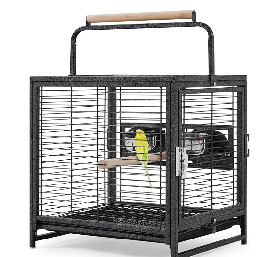 Yaheetech 25.5'' Wrought Iron Bird Travel Carrier Cage Parrot Cage with Handle Wooden Perch & Seed Guard for Small Parrots Canaries Budgies Parrotlets Lovebirds Conures Cockatiels